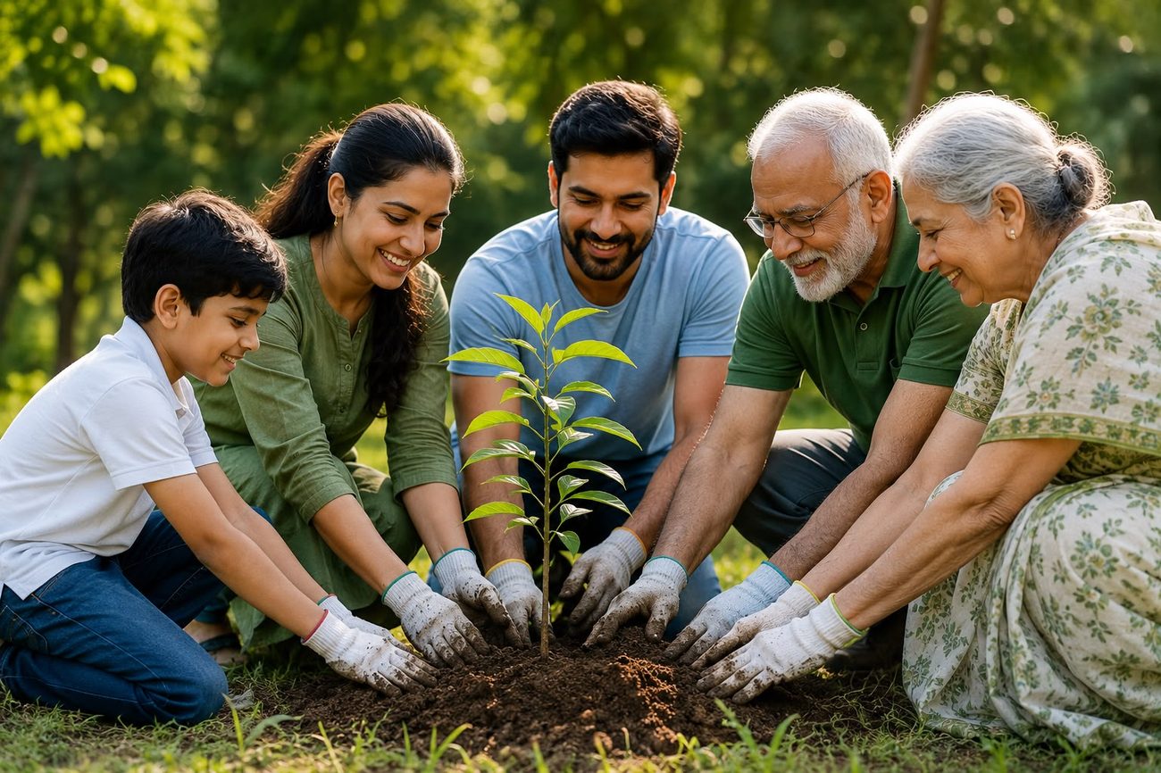 Families planting a sapling together — Clean & Green drive